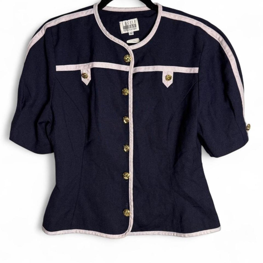 Leslie Fay size 12 navy blue and white 80s vintage mod blouse with gold buttons